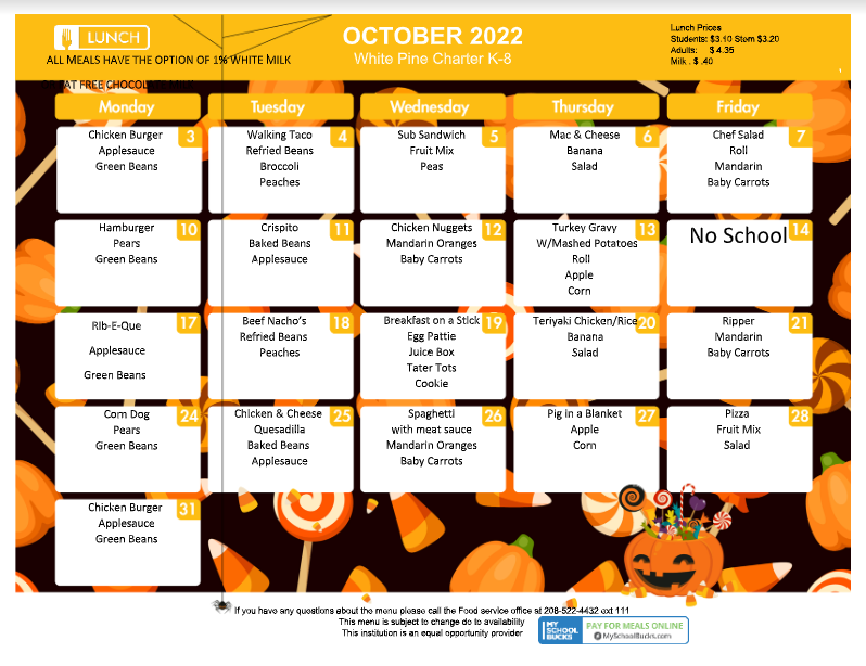 9-12 Lunch Menu October 2022